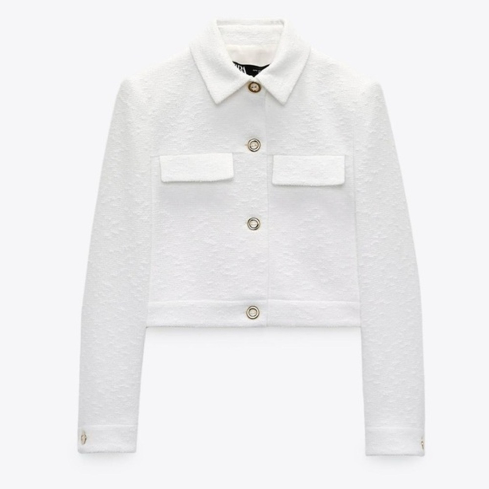 Zara : White Cropped Textured Blazer Jacket w Gold Buttons | Size XS | Like New✨